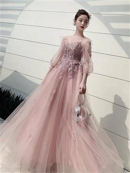 Picture of Charminig Pink Tulle Long Sleeves Round Neckline Party Dress, A-line Pink Formal Dresses with Lace